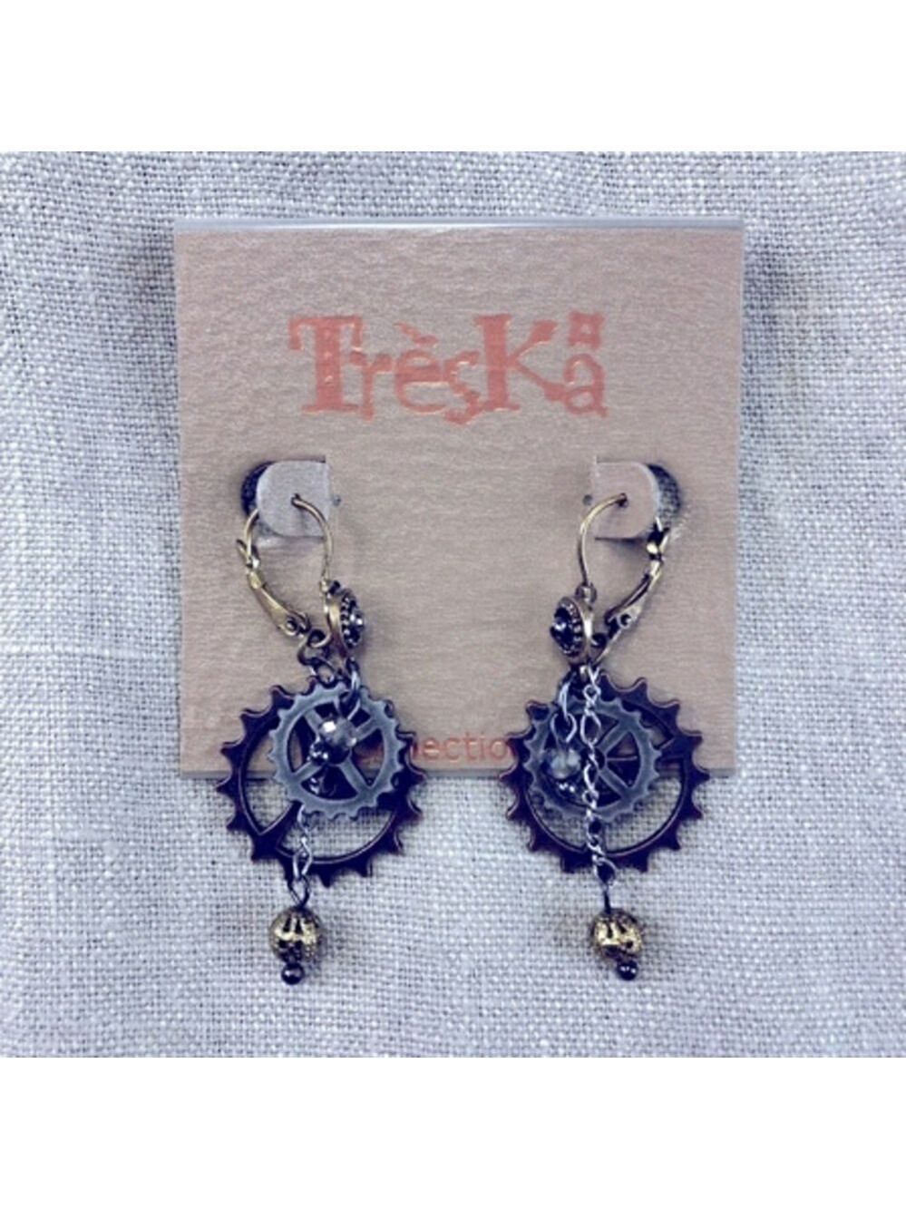TRESKA steampunk mixed metal gears earring New